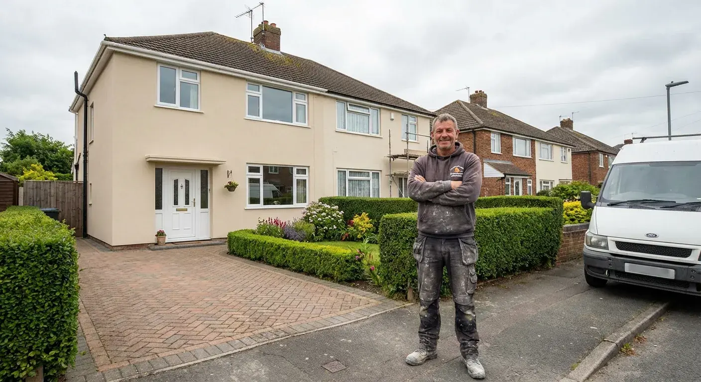 Elite Plastering & Rendering tradesman in front of a rendered UK property