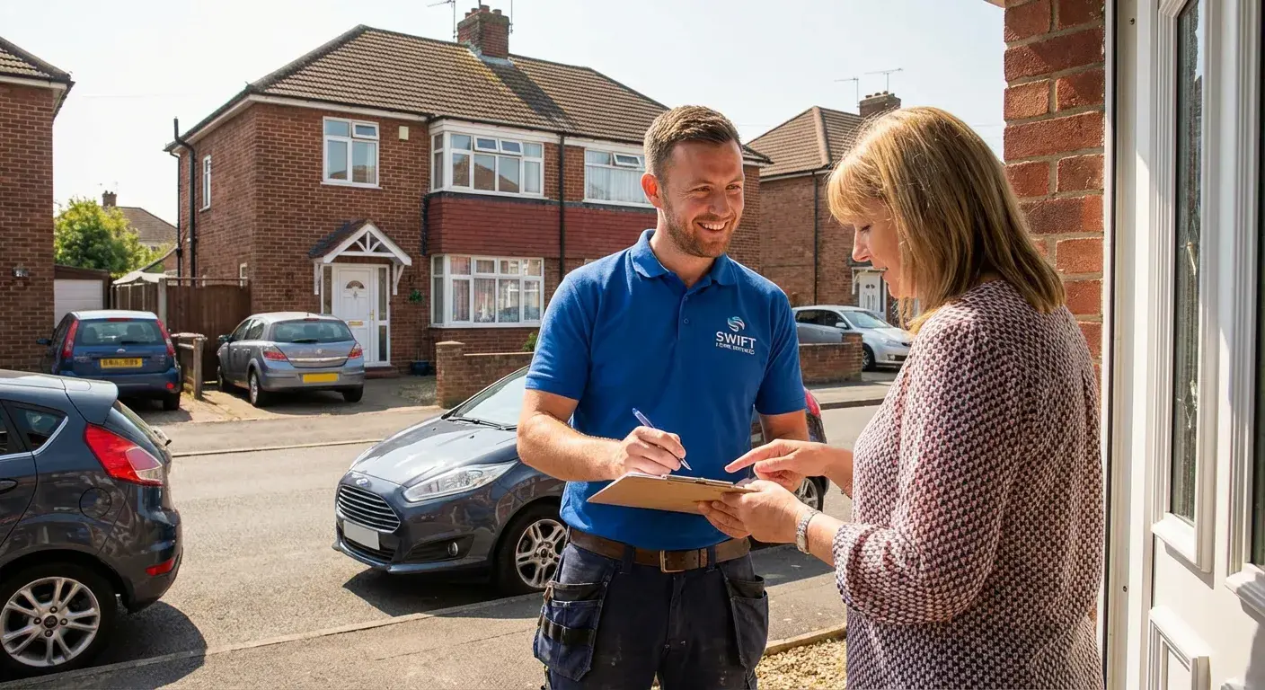 Tradesman discussing a free quote with a homeowner on a UK doorstep